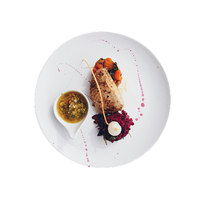 Gourmet plated entrée with herb sauce