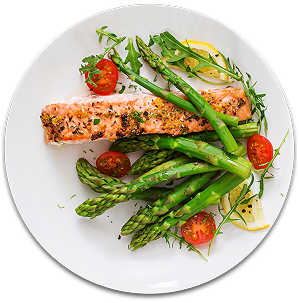 Pan-seared salmon with asparagus and cherry tomatoes