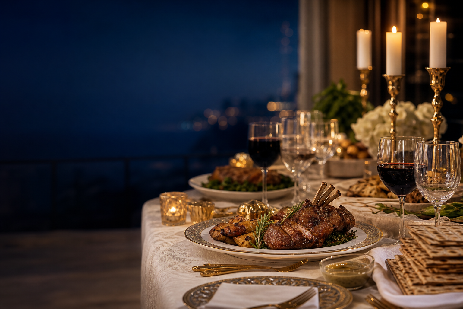 Elegant Passover Seder table with matzah, wine, and gourmet dishes by candlelight